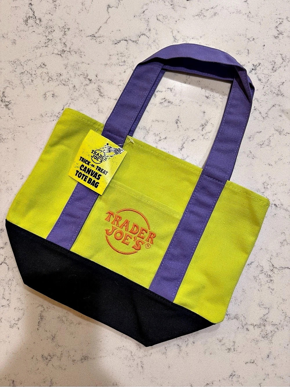 Trader Joe's Trick-or-Treat Mini Canvas Tote Bag lime green & purple NWT